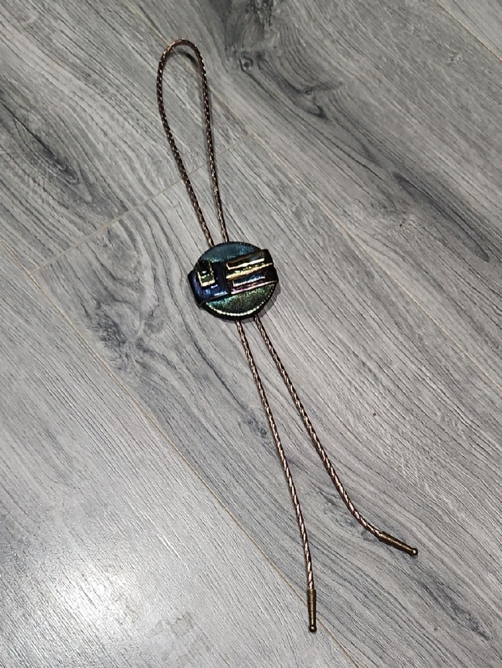 Handcrafted Iridescent Green and Blue Round Bolo Tie Necklace
